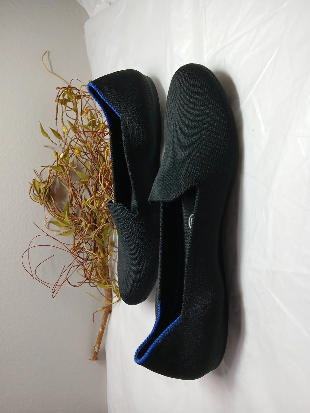 Rothy's Black Knit Slip-On Loafers with Blue Trim